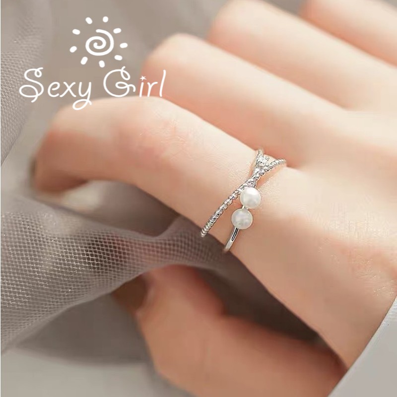 Cincin Berlian Mutiara Model Double Cross Opening Adjustable Untuk Wanita