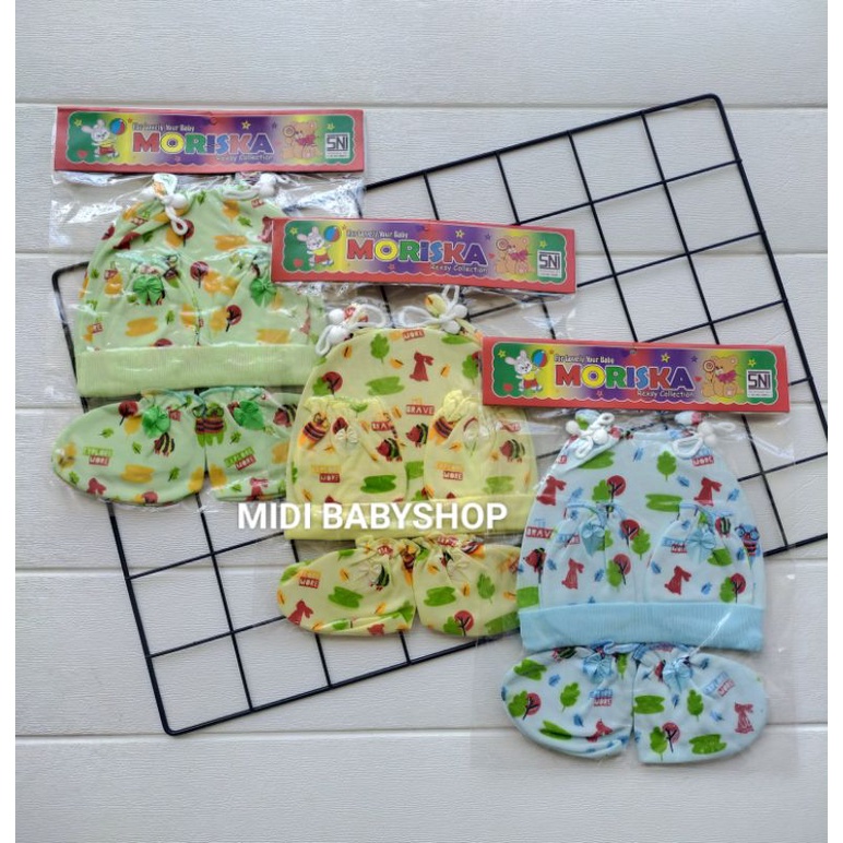 1 Set Topi dan Sarung Tangan Kaki Bayi Motif Lucu Moriska Baby SNI