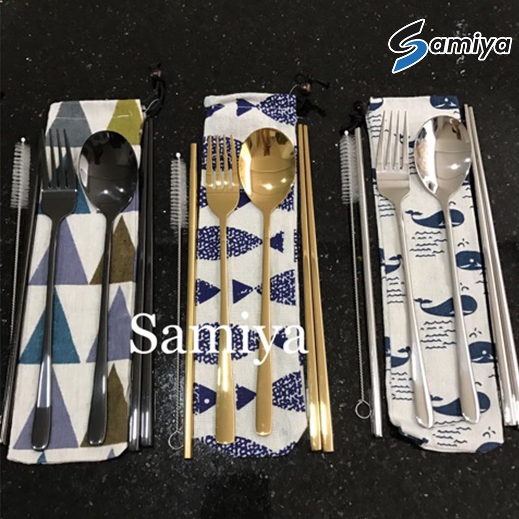 Paket sedotan stainless sendok garpu sumpit set dan sikat / sedotan stainless warna / alat makan set