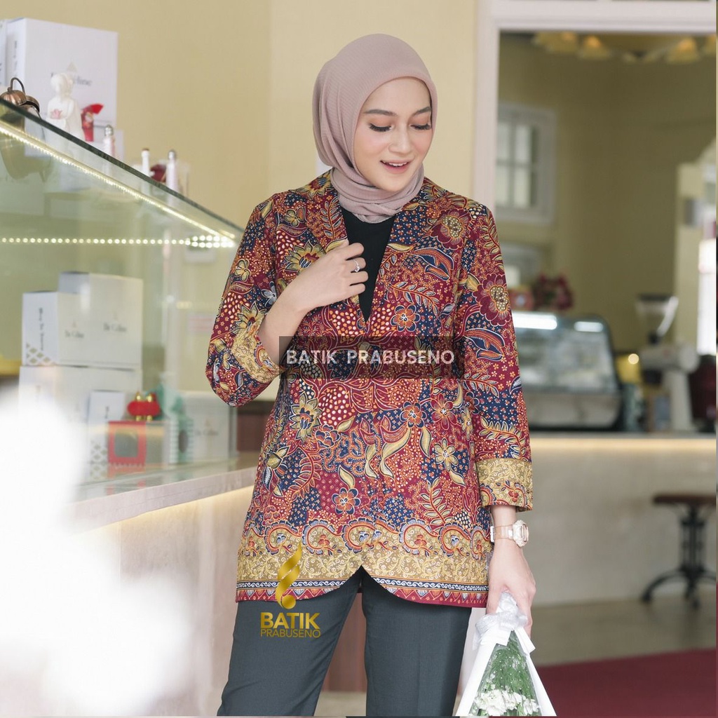 Nabila Blazer Batik Tunik Jumbo Kualitas Premium Original Prabuseno Batik Modern Hijab Seragam Batik Atasan Kerja Wanita