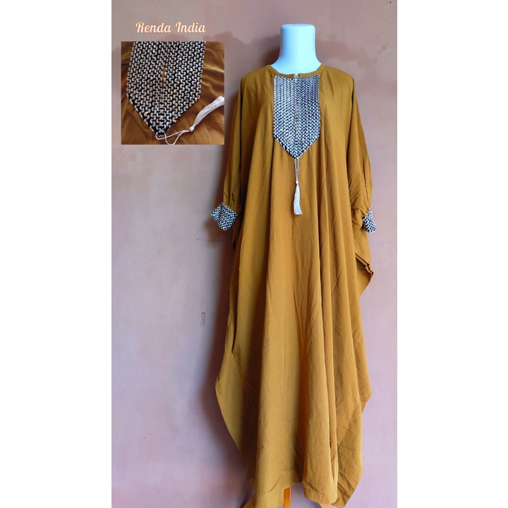 Kaftan Wanita Jumbo Polos Renda India Rayon Premium Gamis Terbaru Bigsize Lengan Karet Baju Muslim Kekinian LD 180 cm