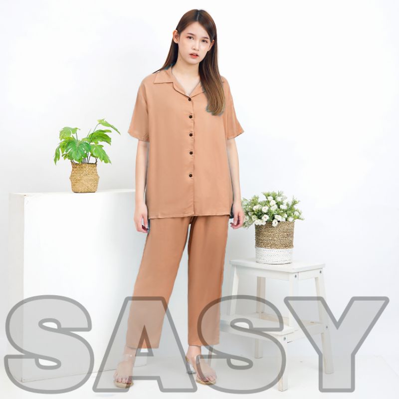 COD SETELAN BUSUI RAYON / SETELAN WANITA LENGAN PENDEK / BAJU TIDUR DEWASA / RAYON TWILL / SET KEMEJA POLOS