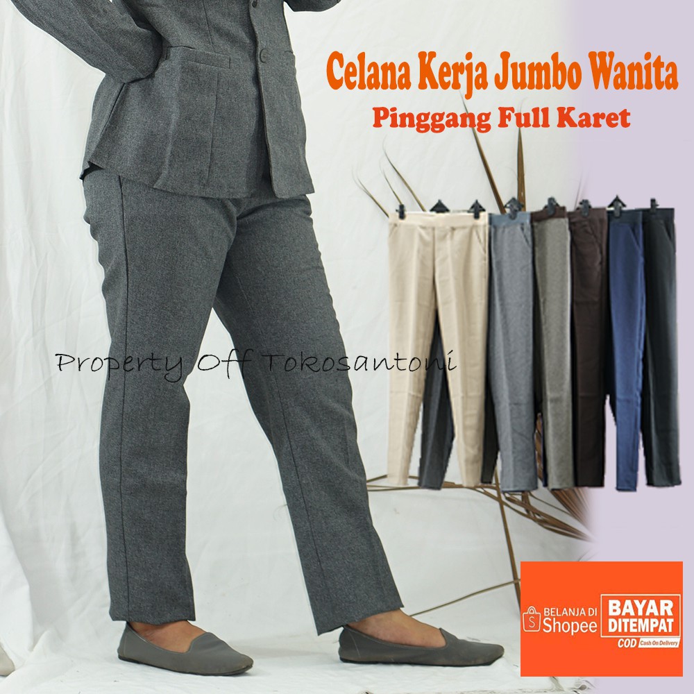 Celana Jumbo Wanita Big Size Pants Celana Bahan Pinggang Karet