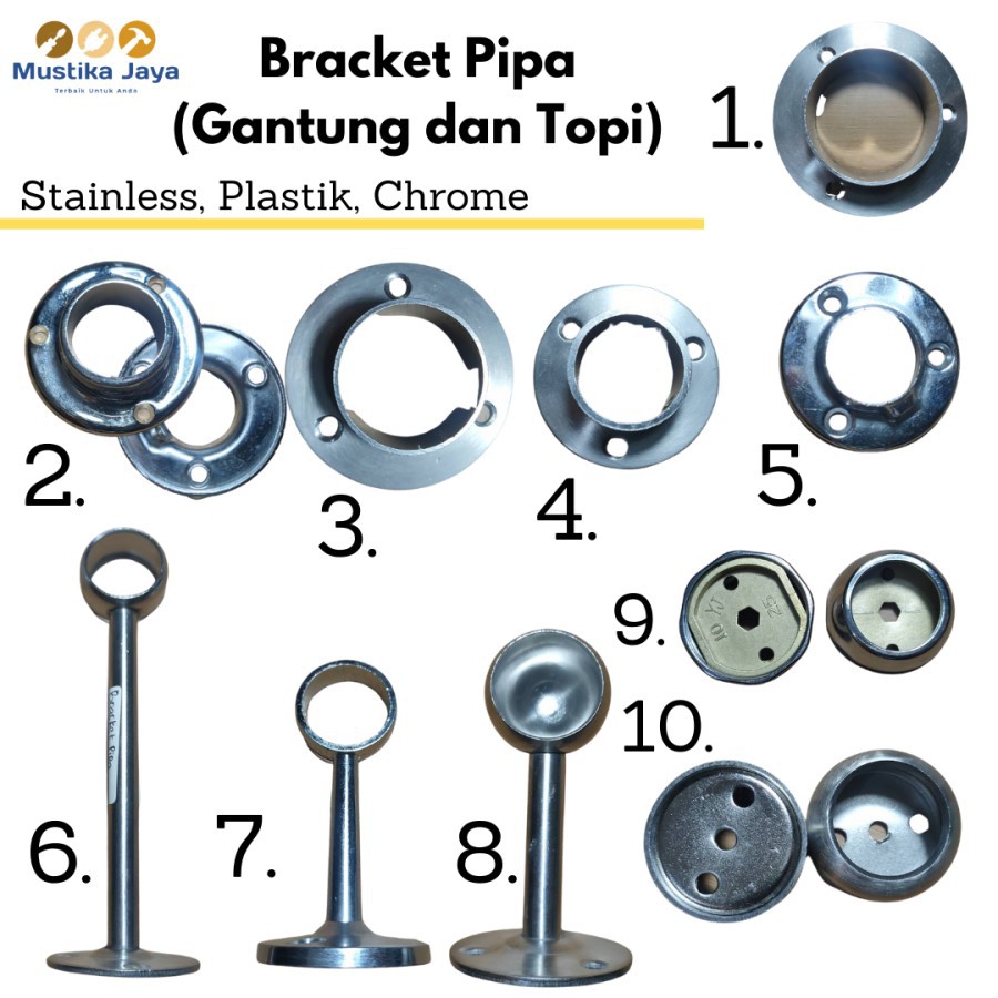 Bracket Pipa Tiang Topi Gantung Stainless 1 Inch Samping Tengah