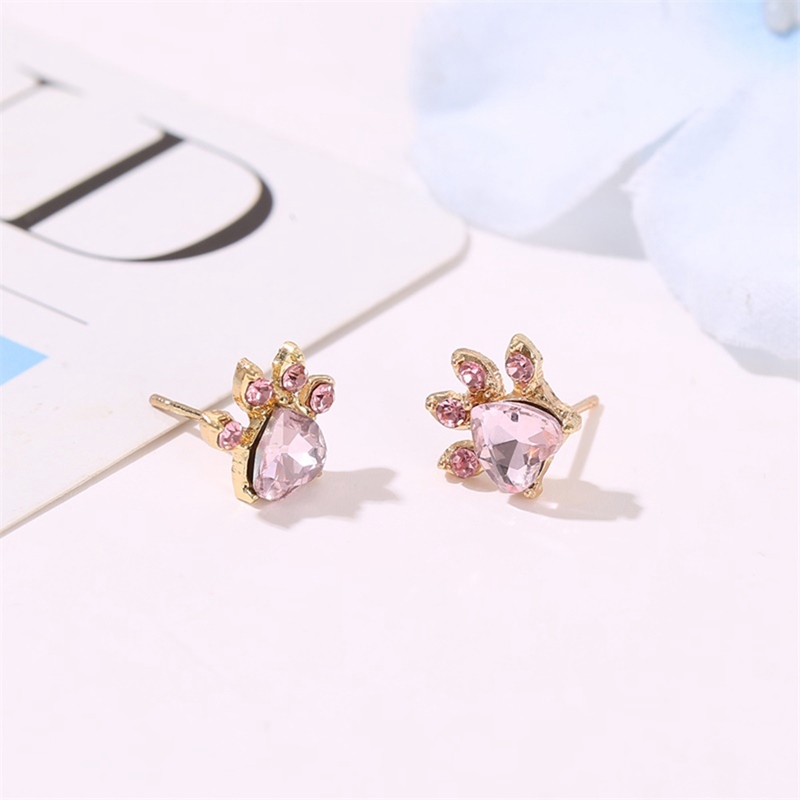 Set Perhiasan Kalung+Gelang Tangan+AntingTusuk+Cincin Telapak Kaki Kucing/Beruang Warna Rose Gold