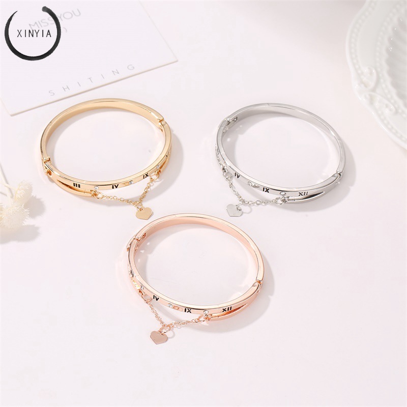 Luxury Gelang Stainless Steel Bracelets Bangles Female Heart Bracelet Rumbai Dengan Angka Romawi