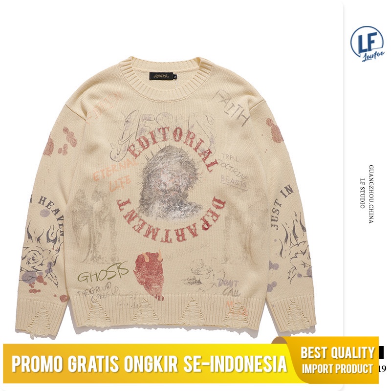 Lawfoo Gugur Musim Ngin 2021 Guochao Lukisan Cetak Pria Lepas Sweater