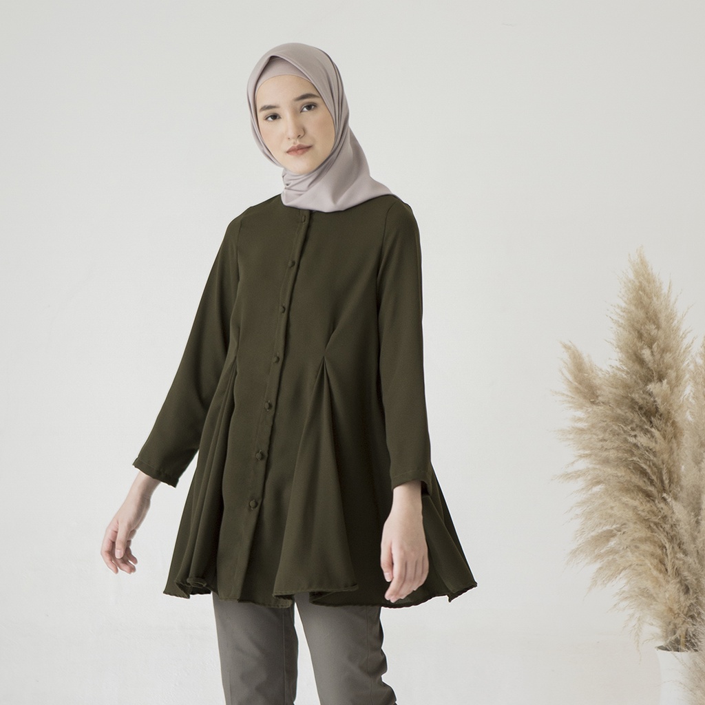 Wiyana by Aska Label - Basic Blouse Wanita Muslim Full Kancing warna Lilac, Navy, Taupe, Light Moss, Olive, Deep Cranberry