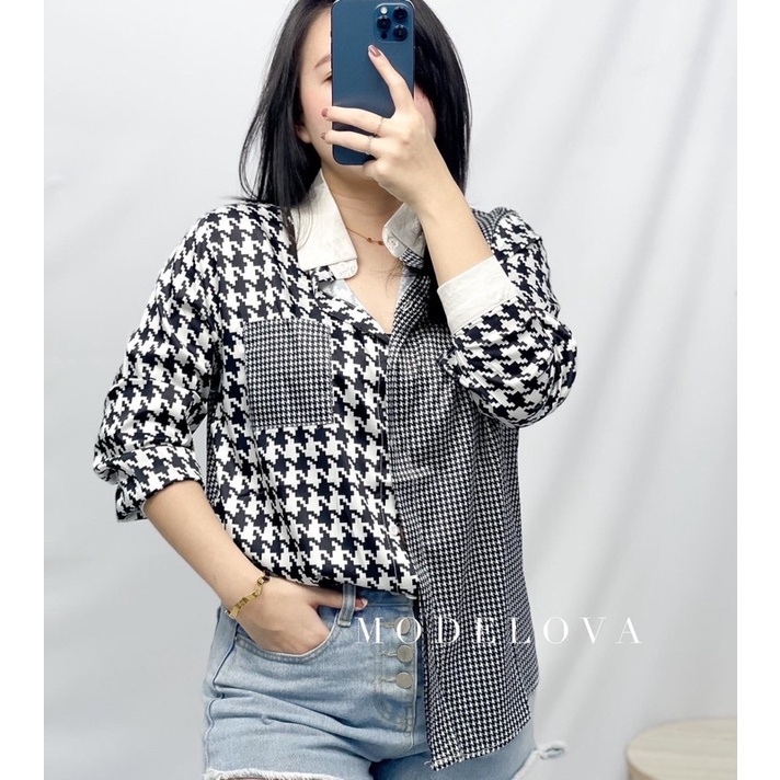 MDLV ~ 2390# Josetta Hidden Button Shirt Premium Import Kemeja Houndstooth Fashion Import