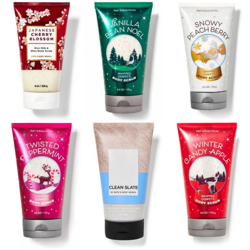 BATH &amp; BODY WORKS BBW BODY SCRUB 226 G MIX JAPANESE CHERRY BLOSSOM JCB MEN'S COLLECTION CLEAN SLATE SNOWY PEACH BERRY VANILLA BEAN NOEL VBN WINTER CANDY APPLE WCA TWISTED PEPPERMINT A THOUSAND WISHES ATW PURE WONDER