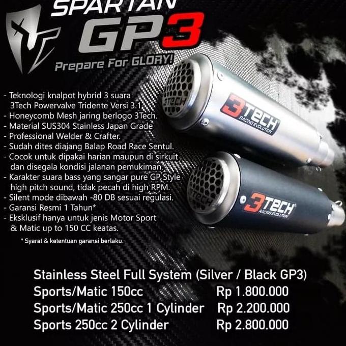 Knalpot 3tech Spartan GP3 (Motor 150cc)Hybrid Fullsistem Black/Silver