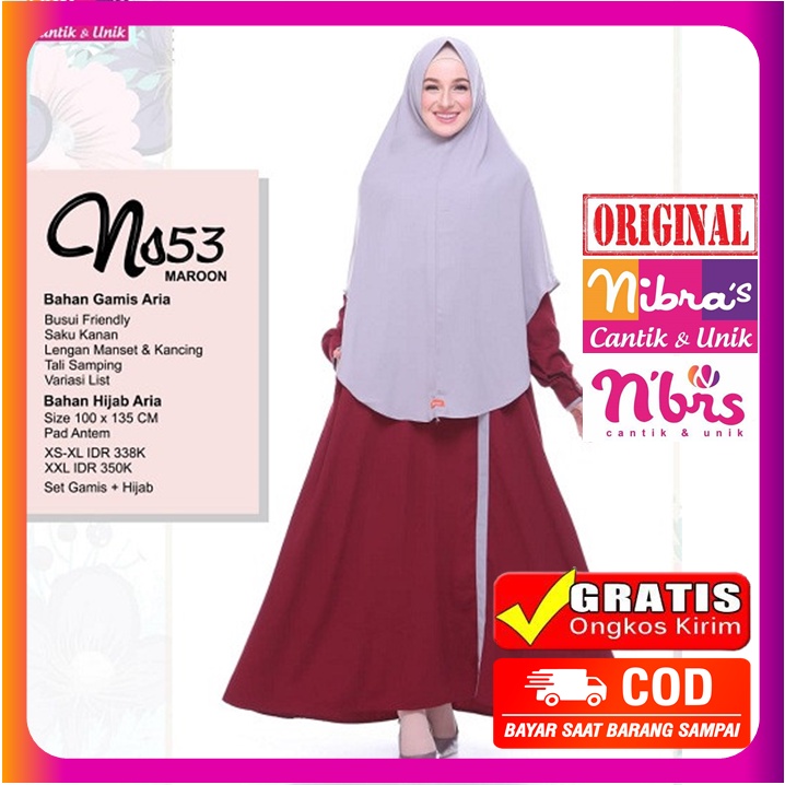 Baju Dress Dres Gamis Nibras Wanita Dewasa Syari Busui Set Jilbab Terbaru NS 053 Maroon Maron Marun 