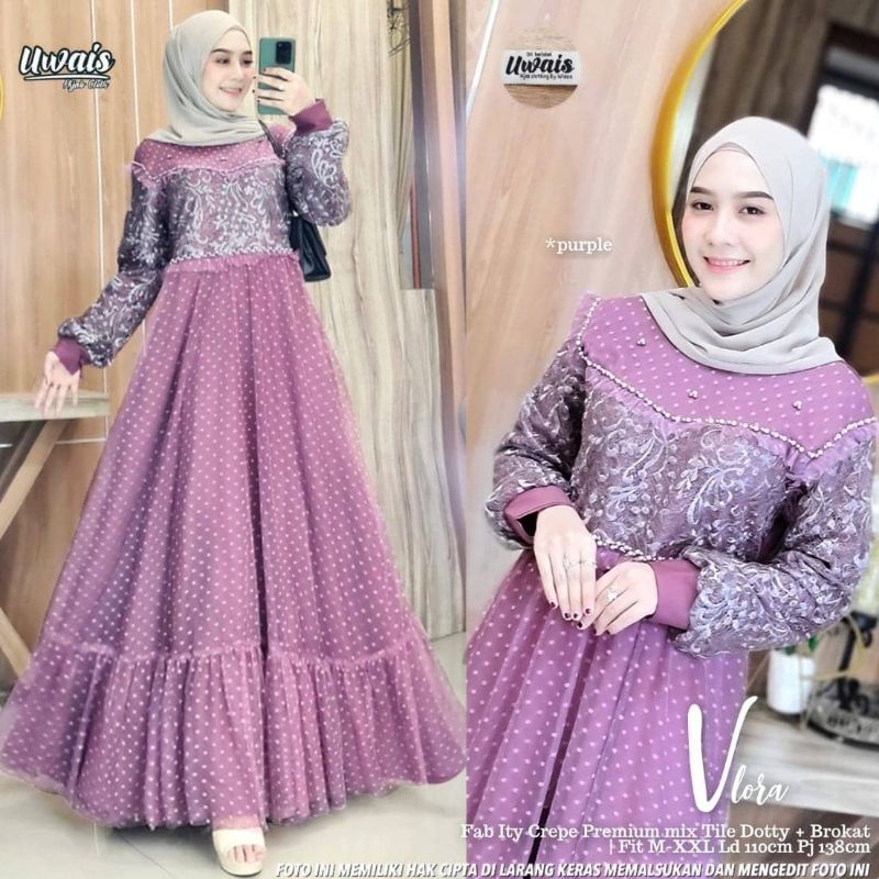 Vlora maxy by Uwais//Gamis Pesta Mewah//Gamis Brukat//Busana Muslim bahan Tile
