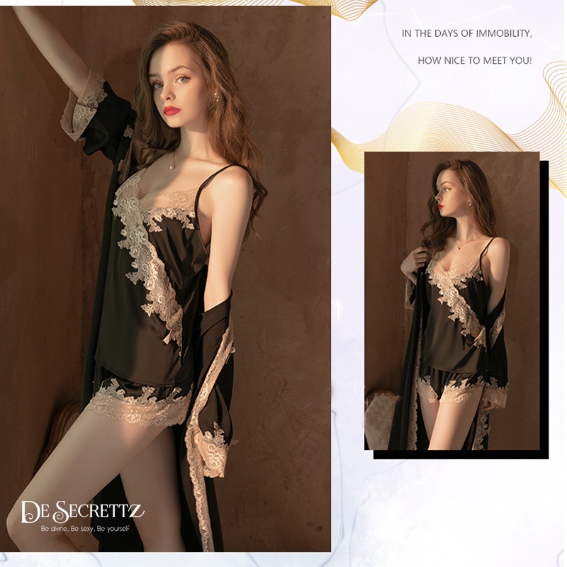 DeSecrettz ALYSIA Baju Tidur Wanita Dewasa Sexy Lace & Satin Cami Sets, Baju Tidur Lingerie Sexy, Baju Haram Sexy, Baju Dinas Depan Suami, Baju Tidur Wanita Sexy, Pakaian Dalam Wanita Sexy, Lingerie Murah, Sexy Lingerie, Lingerie Satin-Onyx Black (+Robe)