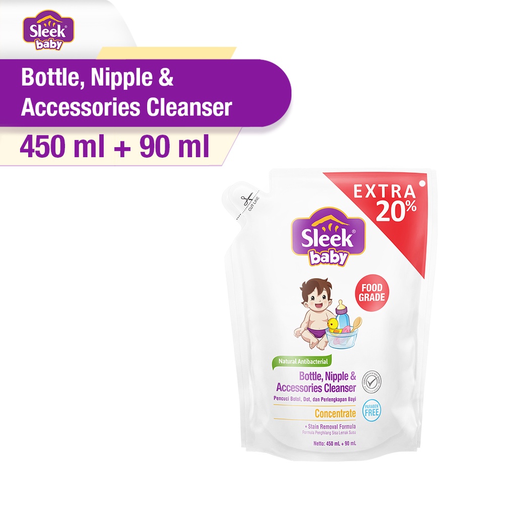 SLEEK Bottle Nipple CLEANSER 450 ml + 90 ml EXTRA - Sabun Cuci Botol Dot Bayi 450ml - Refill