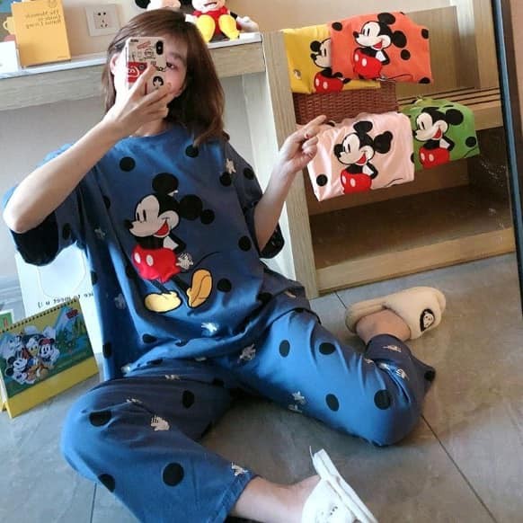 setelan piyama import babydoll santai dewasa mickey polkadot lucu
