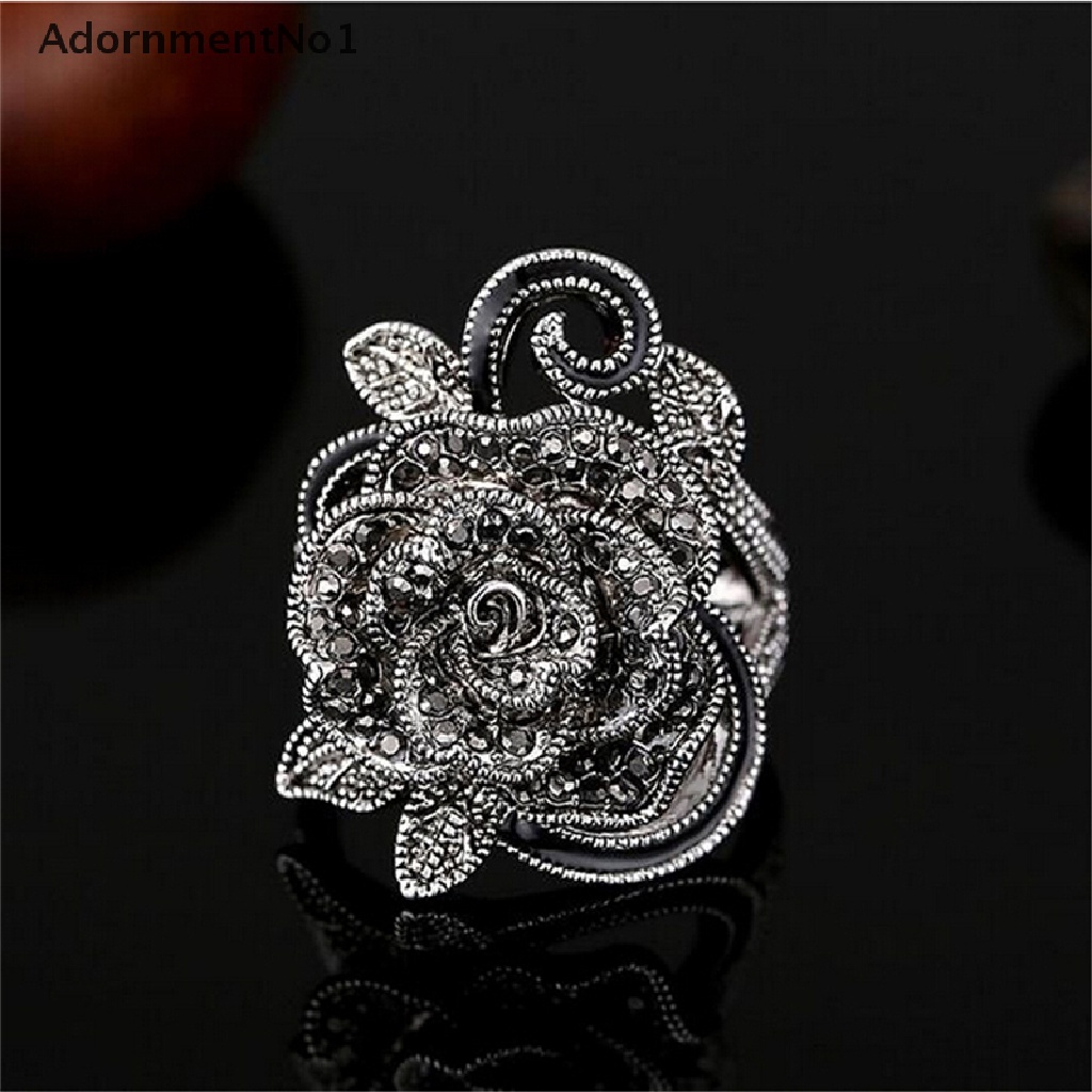 (AdornmentNo1) Cincin Gaya Retro Vintage Motif Bunga Mawar Aksen Kristal Hitam Untuk Perhiasan Wanita / Hadiah