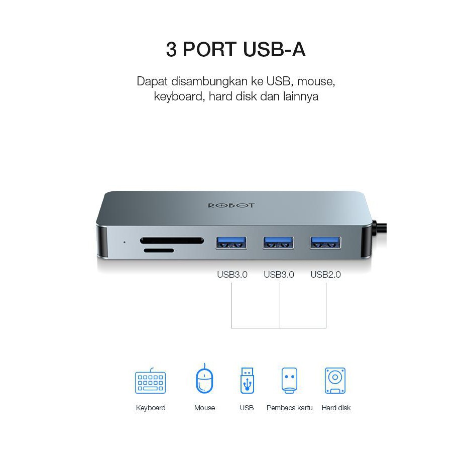 ROBOT HT380 Multiport 8 in1 USB Type C HUB Adapter Lightweight &amp; Portable Space Grey Garansi 1 Thn