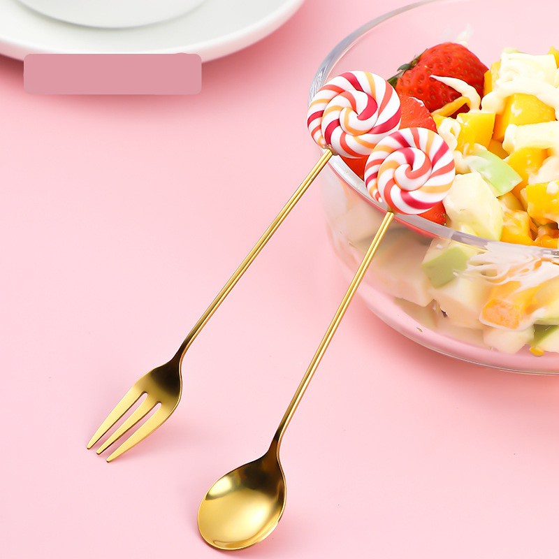 [Creative Donut Lollipop Fork Spoon Cutlery] [Cute Stainless Steel Dessert Fruit Fork, Ice Cream Spoon] [Teaspoon, Coffee Stirring Spoon] [Children's Tableware]