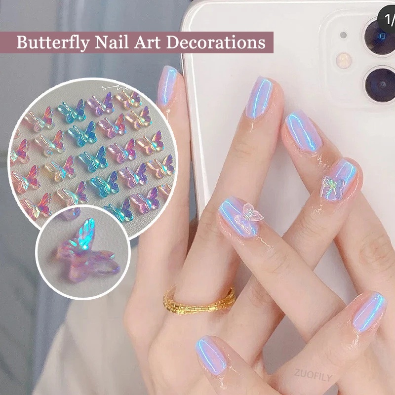 10pcs Stiker Kupu-Kupu 3D Aurora Glitter Dua Lapis Warna-Warni Untuk Dekorasi Nail Art