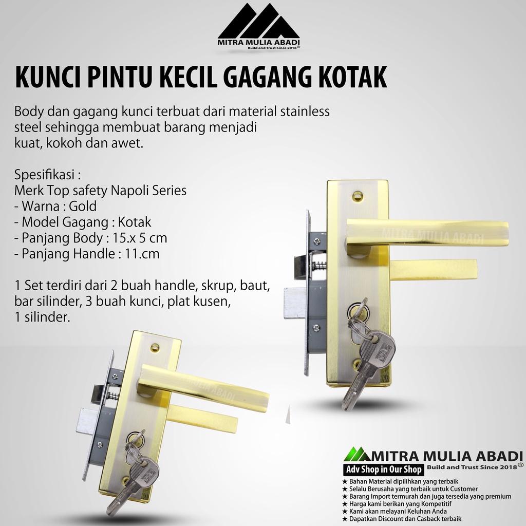 Kunci Pintu Rumah Gagang Kotak Kecil 15cm Napoli doorlock fullset