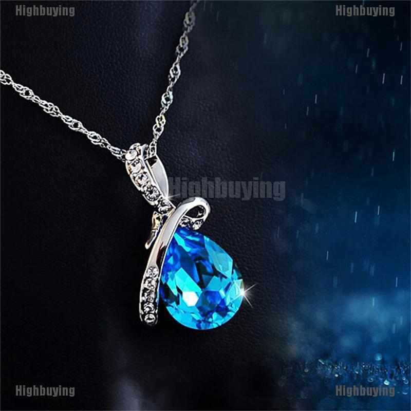 Kalung Rantai Lapis Rhodium Dengan Liontin Kristal Biru Bentuk Tetesan Air Untuk Wanita