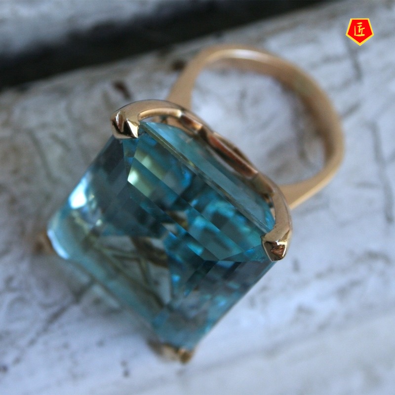 [Ready Stock]Inlaid Topaz Sea Blue Square Diamond Ring Fashion Personality