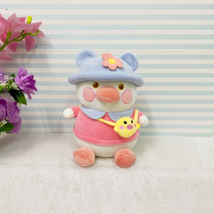 Boneka Bebek Topi Bunga 35CM Duck Costum Tas Slempang Impor Kado Ultah