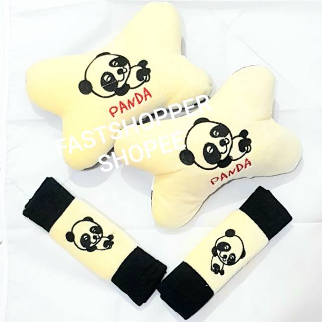 BANTAL JOK MOBIL PLUS SARUNG BELT PANDA CREAM HITAM  2IN1 -BL185