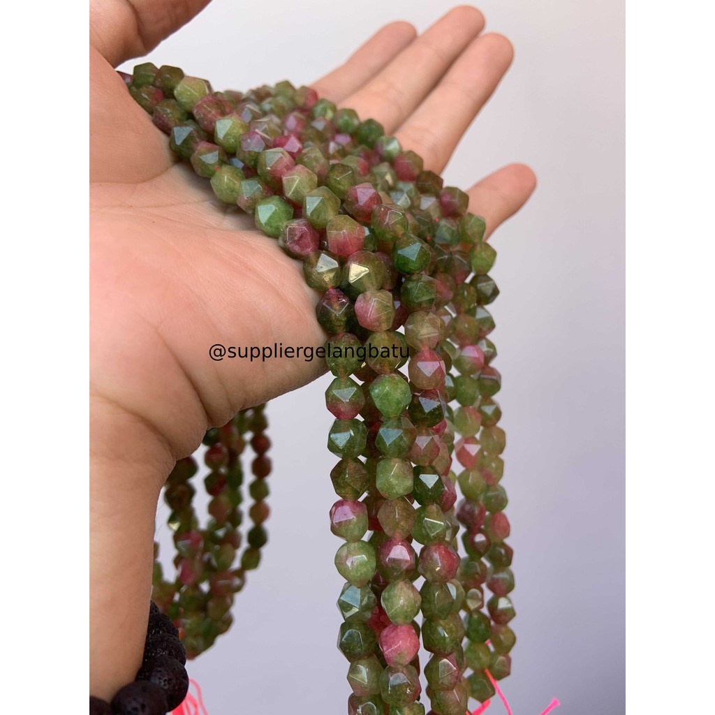 batu faceted hexagon Stone 8mm bloodstone hijau pink muda kreasi anak