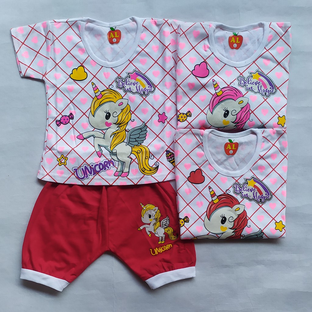 Setelan baju anak perempuan bayi lengan pendek 0 - 18 bulan motif / setelan anak cewek motif