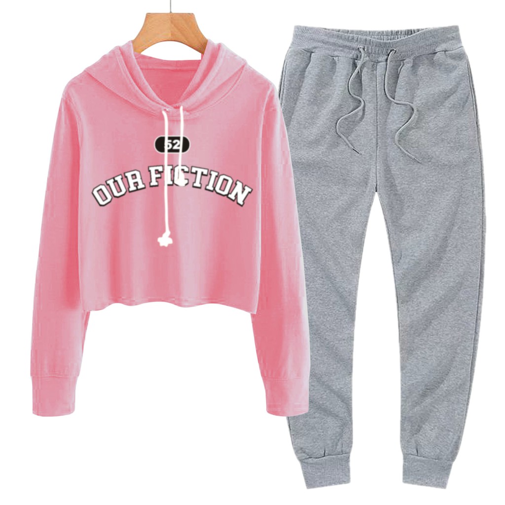 BESS - Baju Setelan Wanita Murah / Setelan Hoodie Crop + Jogger Abu - OUR FICTION