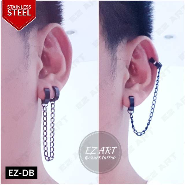 1Pc Model EZ-DB DOUBLE GANDA Black Hitam Anting Pria dan Wanita Jepit Tusuk Variasi Rantai