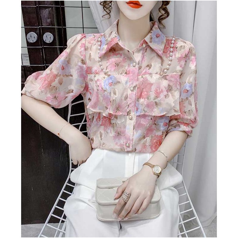 Blouse atasan wanita pink motif warna rame sifon mutiara Korea lengan pendek elegant