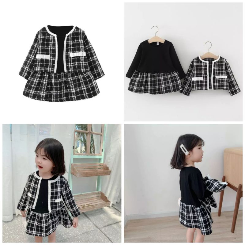 DISKON 11.11 DR61- 0-3T Dress Bayi Perempuan Square Black &amp; White Jaket