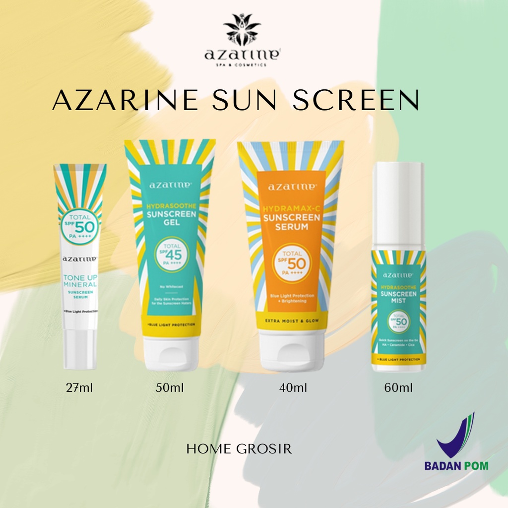 AZARINE Tone Up Mineral Suncreen Serum SPF 50, Hydramax-C Suncreen Serum SPF 50, Hydrasoothe Sunscreen Gel SPF45+++, Sunscreen Mist SPF 50 PA+++, tabir surya / sunscreen mist / hydramax / Hydrasoothe