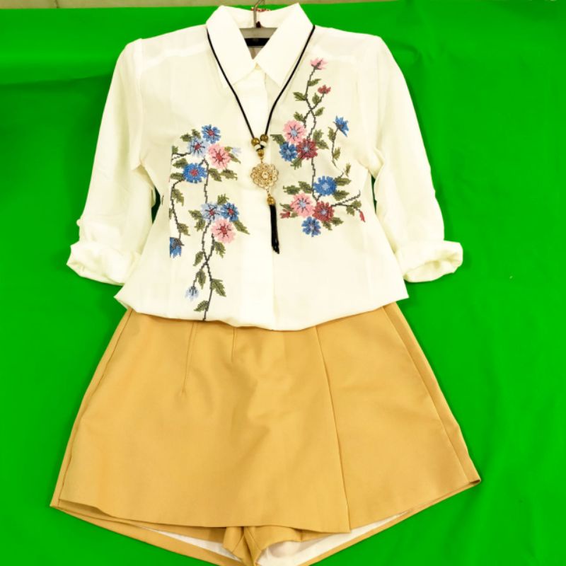 KEMEJA WANITA BORDIR BUNGA SULAM SATUAN KOSTUM BORDIR STRIMIN PUTIH PKAAIAN CEWEK KANTOR PEREMPUAN /