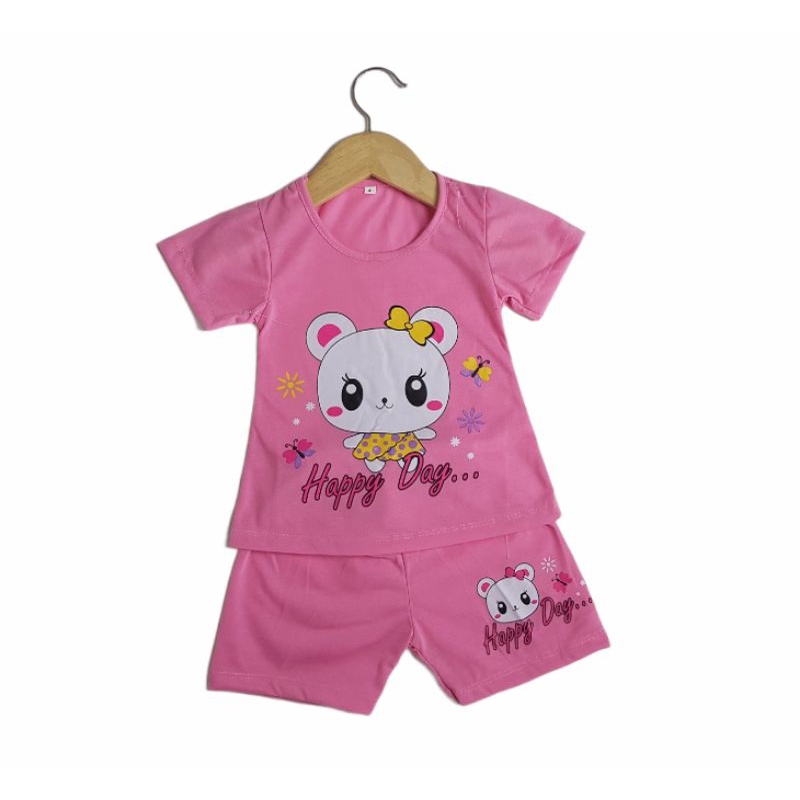 SETELAN ANAK SIKUNING PAKAIAN BAJU ANAK PEREMPUAN 2-7 TAHUN MOTIF HAPPY DAY CELANA PENDEK LENGAN PDK