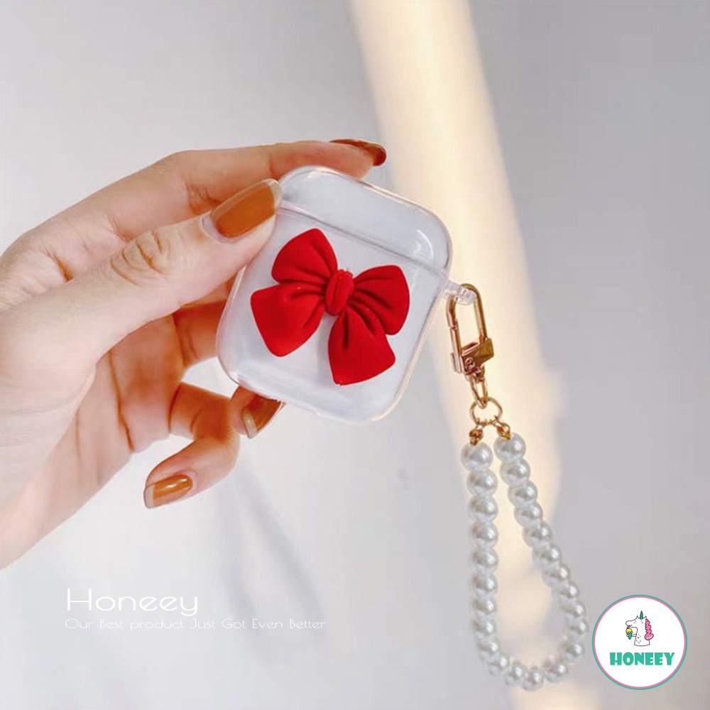 3D Stero Pink Bow Knot Pearl Bracelet Airpods Case Bluetooth Wireless Earphone Soft Shell for Airpods 1/2/pro Protective Shell