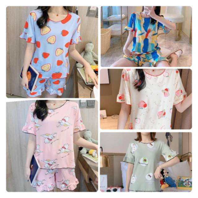 Baju tidur Wanita Import Bahan Kaos Spandex Tebal Aneka Motif All Size L Short Pants-2