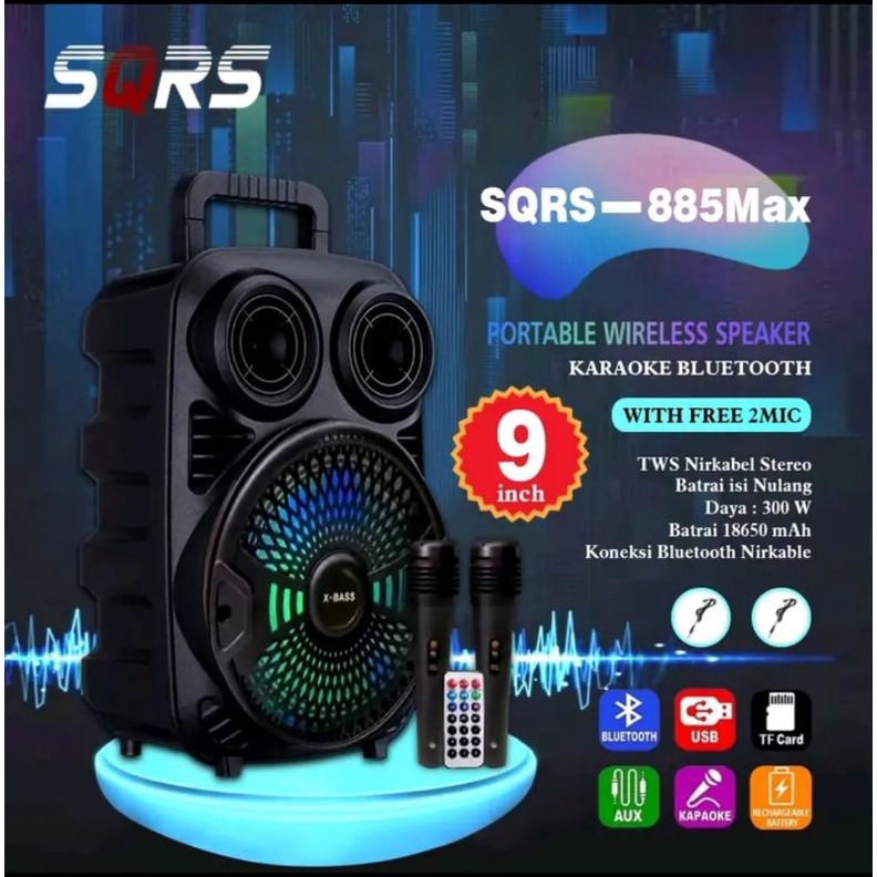 Speaker Bluetooth 9inch SQRS 885 Bonus 2 Microphone/ Speaker Wireless Radio FM/ Salon