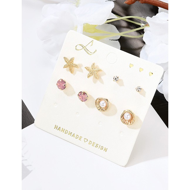 LRC Anting Set Fashion Gold Starfish Shell Pearl Stud Earrings 4 Pairs F29791