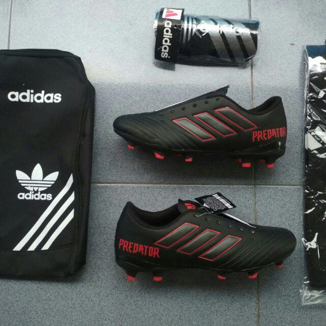 Bisa Bayar Tempat Cod Promo Paket Komplit Sepatu Bola Adidas Predator Awet Lentur Anti Karat-Hitam lis merah