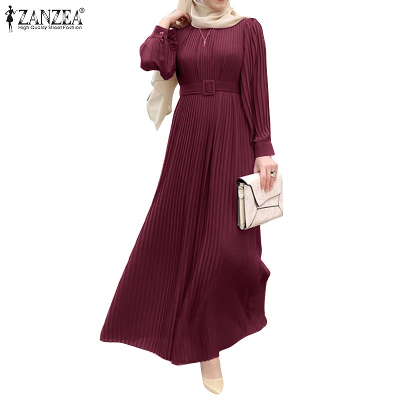 ZANZEA Women Fashion Casual Solid Color Long Sleeve O Neck Retro Muslim With Belt Maxi Dress