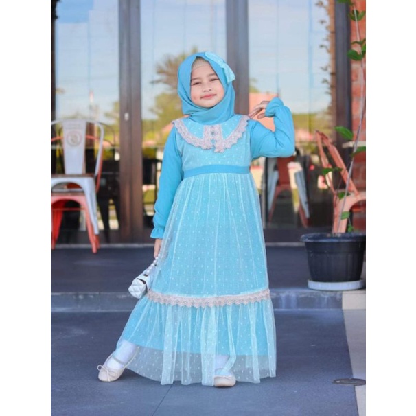 Safira Dress Gamis plus jilbab Anak Perempuan Tile Polkadot dengan renda usia 3 4 5 6 7 8 9 tahun