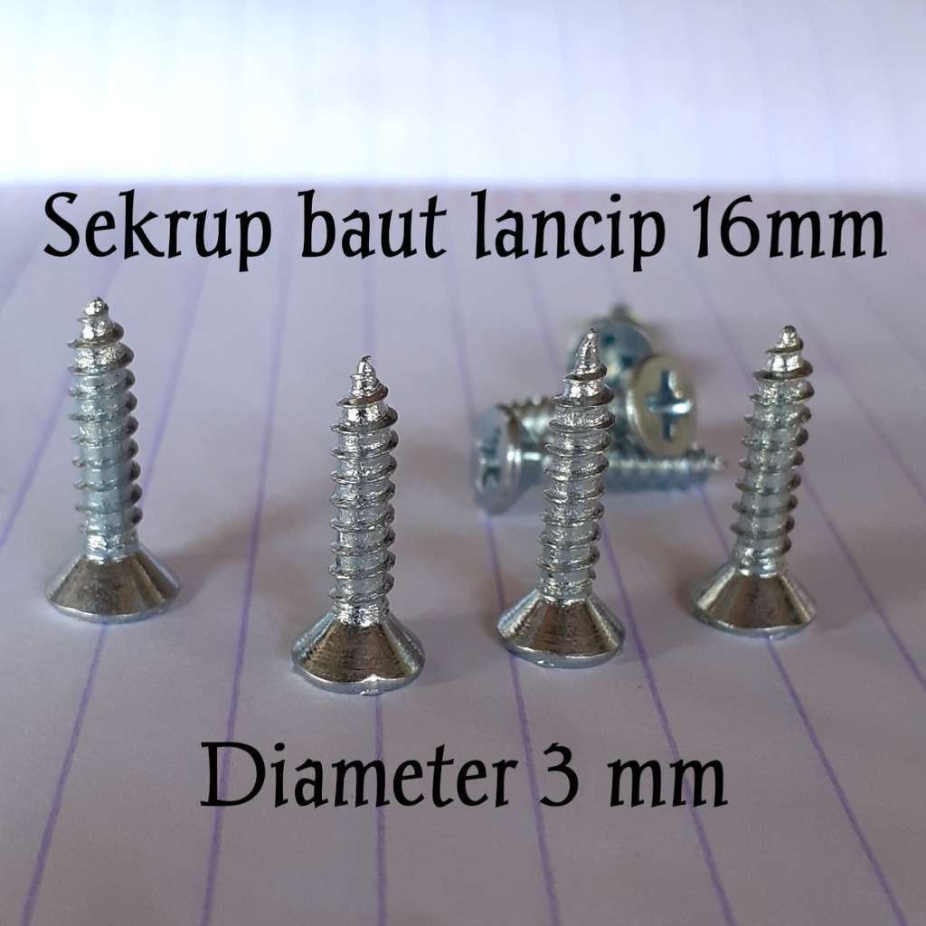 Sekrup baut lancip 15 mm 10 biji diameter 3 mm
