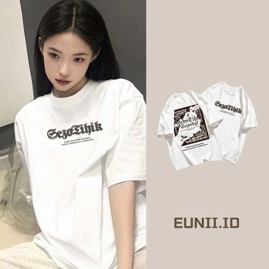 EUNII T-shirt Lengan Pendek Retro Modis Bahasa Inggris Pencetakan Longgar Korean Style/Kaos Atasan Wanita/Baju Kaus Oversize Wanita