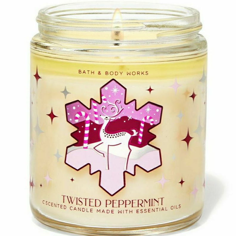 BATH &amp; BODY WORKS BBW TWISTED PEPPERMINT MADE WITH ESSENTIAL OILS WHITE BARN 1 SINGLE WICK SCENTED CANDLE 198 G PENGHARUM RUANGAN