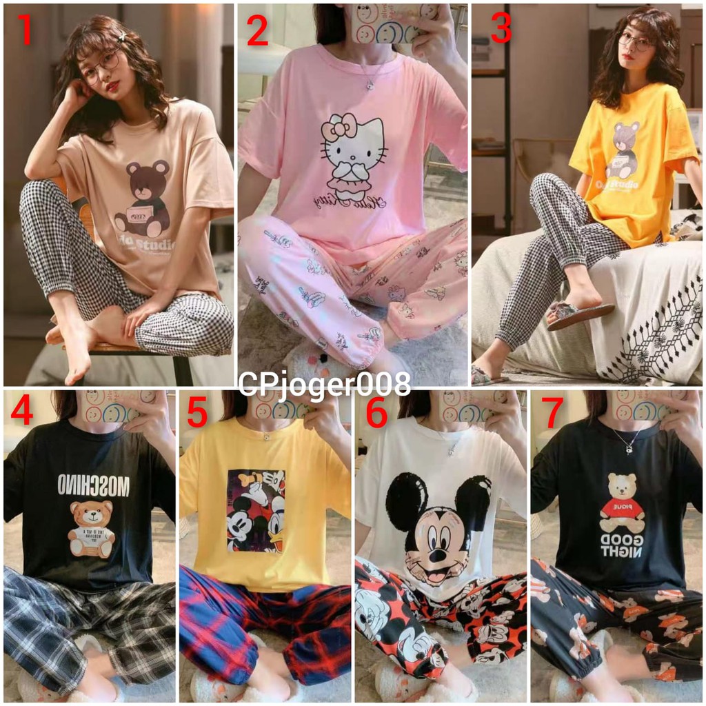 Baju tidur piyama lengan pendek celana panjang bahan spandek CPjoger008