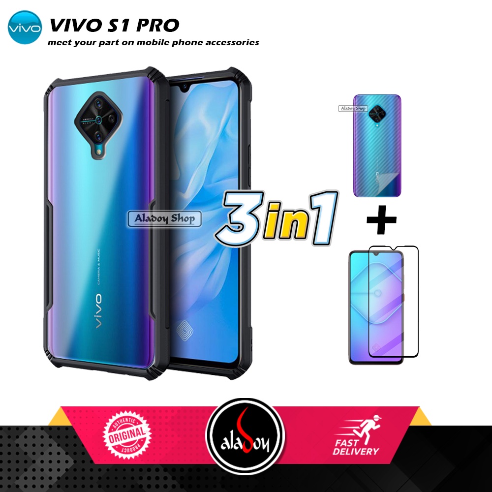 Case VIVO S1 PRO Armor Fushion Transparent Casing + Tempered Glass Full Layar dan Skin Carbon